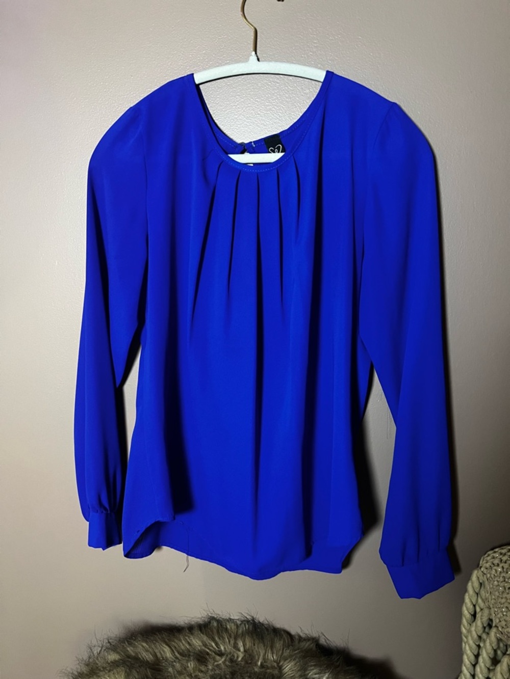 Windsor Royal Blue Pleated Neckline Long Sleeve Keyhole Back Blouse Top